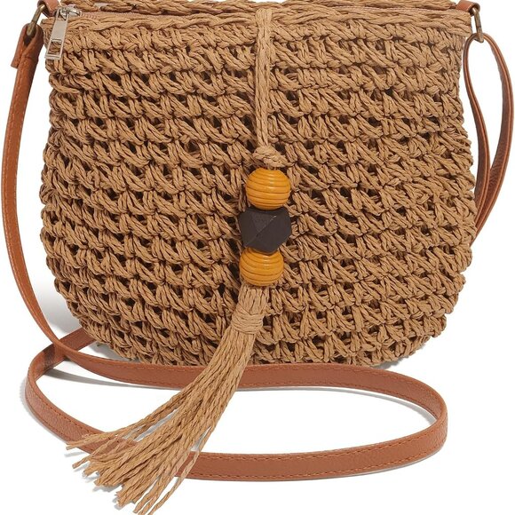 Versatile Wicker Crossbody Bag with Tassels - Perfect for Summer Outings - Picture 1 of 7